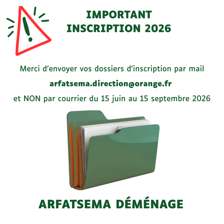 Important inscription 2026
Merci d’envoyer vos dossiers d’inscription par mail arfatsema.direction@orange.fr
et NON par courrier du 15 juin au 15 septembre 2026